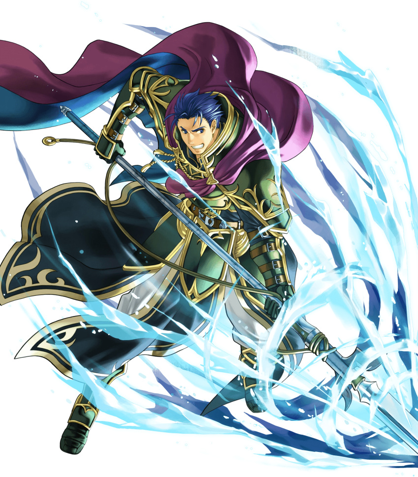 1boy, arm_belt, armor, attack, belt, blue_eyes, blue_hair, cape