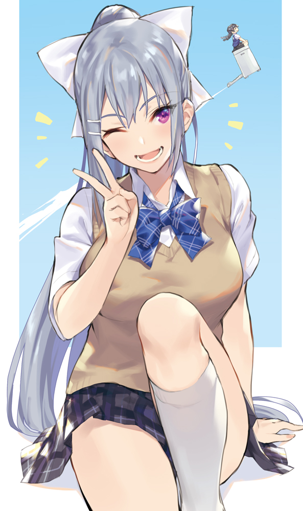 2girls, ;d, bangs, black_hair, blush, bow, eyebrows_visible_through_hair, flying
