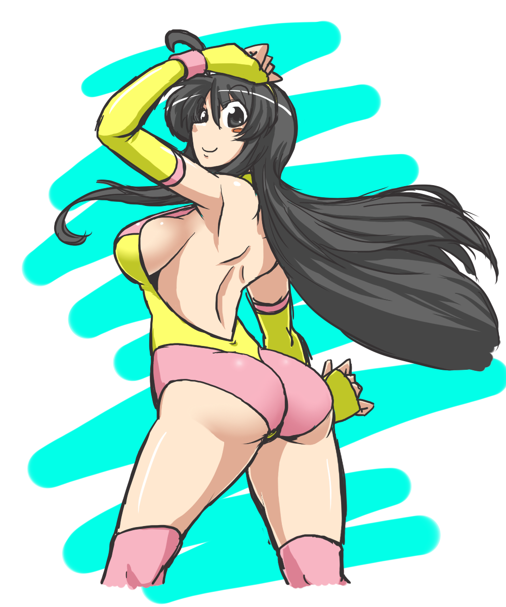 1girl, ahoge, arched_back, arm_up, armpits, backless_outfit, bangs, bare_back