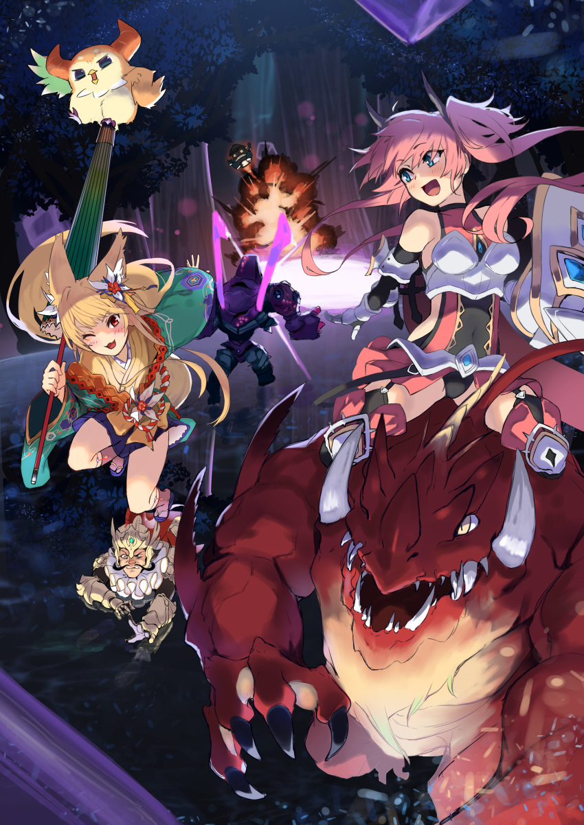 1boy, 2girls, absurdres, animal, animal_ear_fluff, animal_ears, blonde_hair, blue_eyes