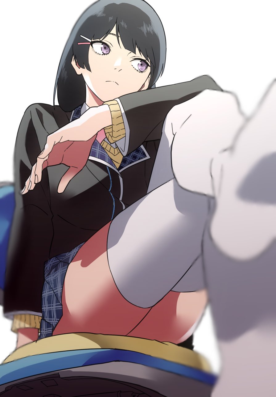 1girl, arm_on_knee, black_hair, blazer, chair, expressionless, hair_ornament, hairclip, highres, jacket, kofunami_nana, kubo_taito_(style), legs_crossed, nijisanji, plaid, plaid_skirt, school_uniform, sitting, skirt, sweater, thigh-highs, tsukino_mito, violet_eyes, white_background, white_legwear, zettai_ryouiki
