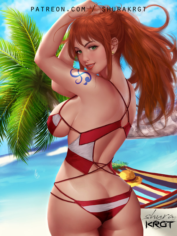 1girl, ass, back, bangs, beach, bikini, bikini_top, blue_sky, breasts, butt_crack, earrings, from_behind, green_eyes, hammock, hat, jewelry, large_breasts, nami_(one_piece), ocean, one_piece, orange_hair, outdoors, palm_tree, ponytail, shurakrgt, sideboob, sidelocks, signature, sky, smile, straw_hat, striped, striped_bikini, swimsuit, tattoo, tree, water