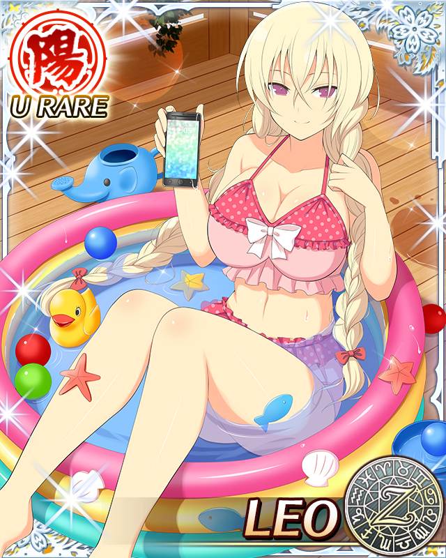 1girl, barefoot, bikini, blonde_hair, bow_bikini, braid, breasts, card_(medium)