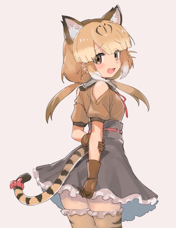 1girl, :d, animal_ear_fluff, animal_ears, animal_print, arm_grab, arms_behind_back, bangs
