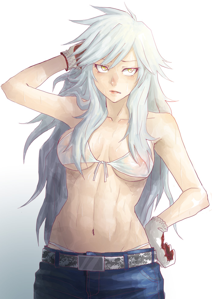 1girl, arm_behind_head, arm_up, bikini, blue_pants, breasts, camouflage_belt, closed_mouth