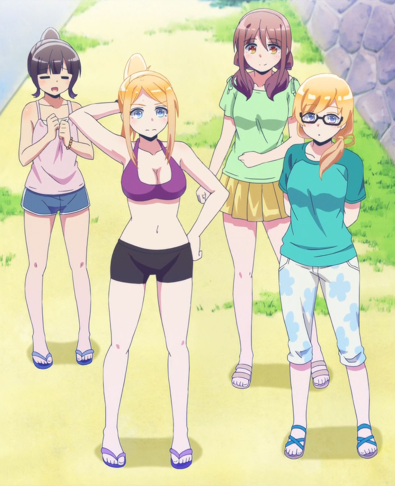 4girls, black_hair, blonde_hair, blue_eyes, brown_eyes, brown_hair, closed_eyes, glasses