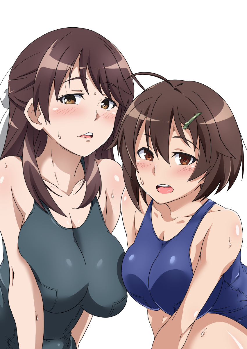 2girls, absurdres, ahoge, animal_ears, blush, brave_witches, breasts, brown_eyes, brown_hair, hair_ornament, hairclip, highres, karibuchi_hikari, karibuchi_takami, large_breasts, long_hair, looking_at_viewer, multiple_girls, open_mouth, ribbon, school_swimsuit, school_uniform, shiny, shiny_hair, shiny_skin, short_hair, siblings, simple_background, smile, sweat, swimsuit, tavor_(m_tavor), white_background, world_witches_series