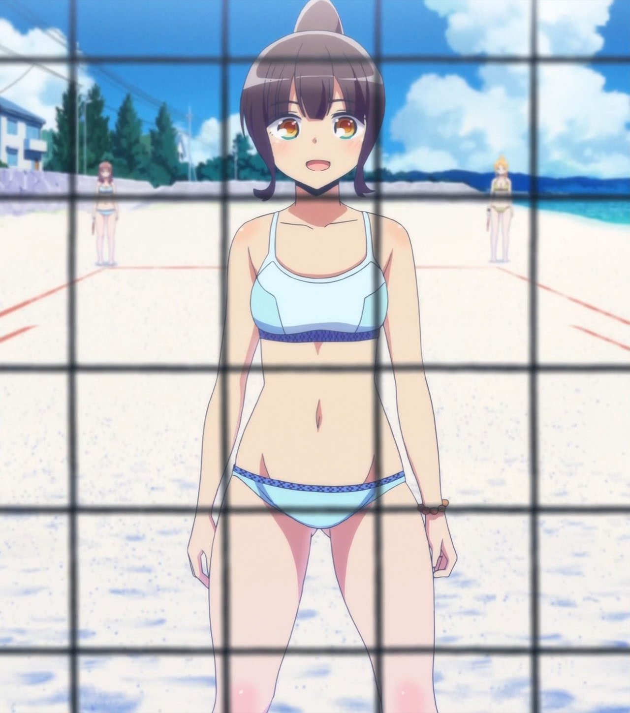 3girls, bikini, brown_eyes, brown_hair, harukana_receive, higa_kanata, highres, multiple_girls