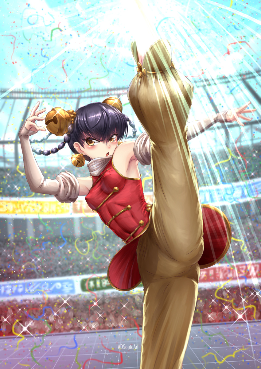 1girl, adsouto, armpits, artist_name, axe_kick, bangs, bare_shoulders, bell