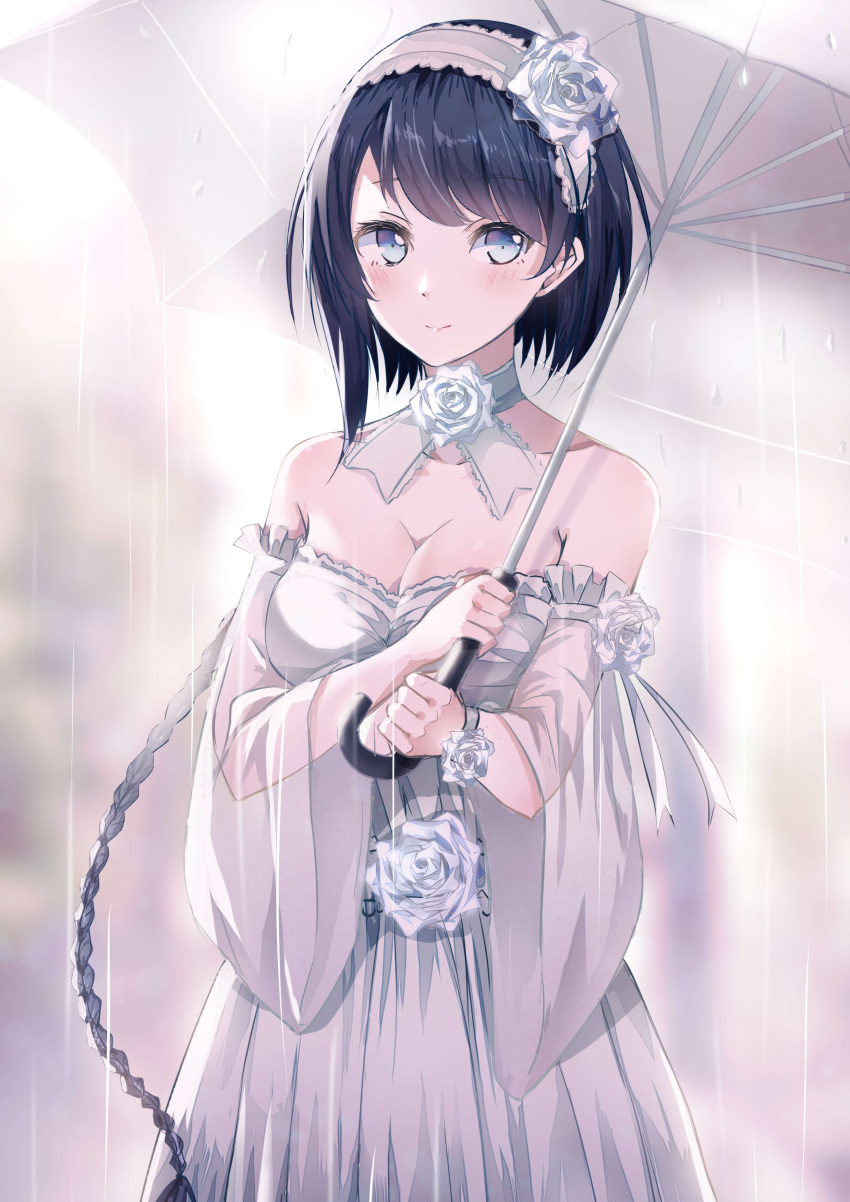 1girl, absurdres, bare_shoulders, blue_eyes, blue_hair, bow, braid, breasts