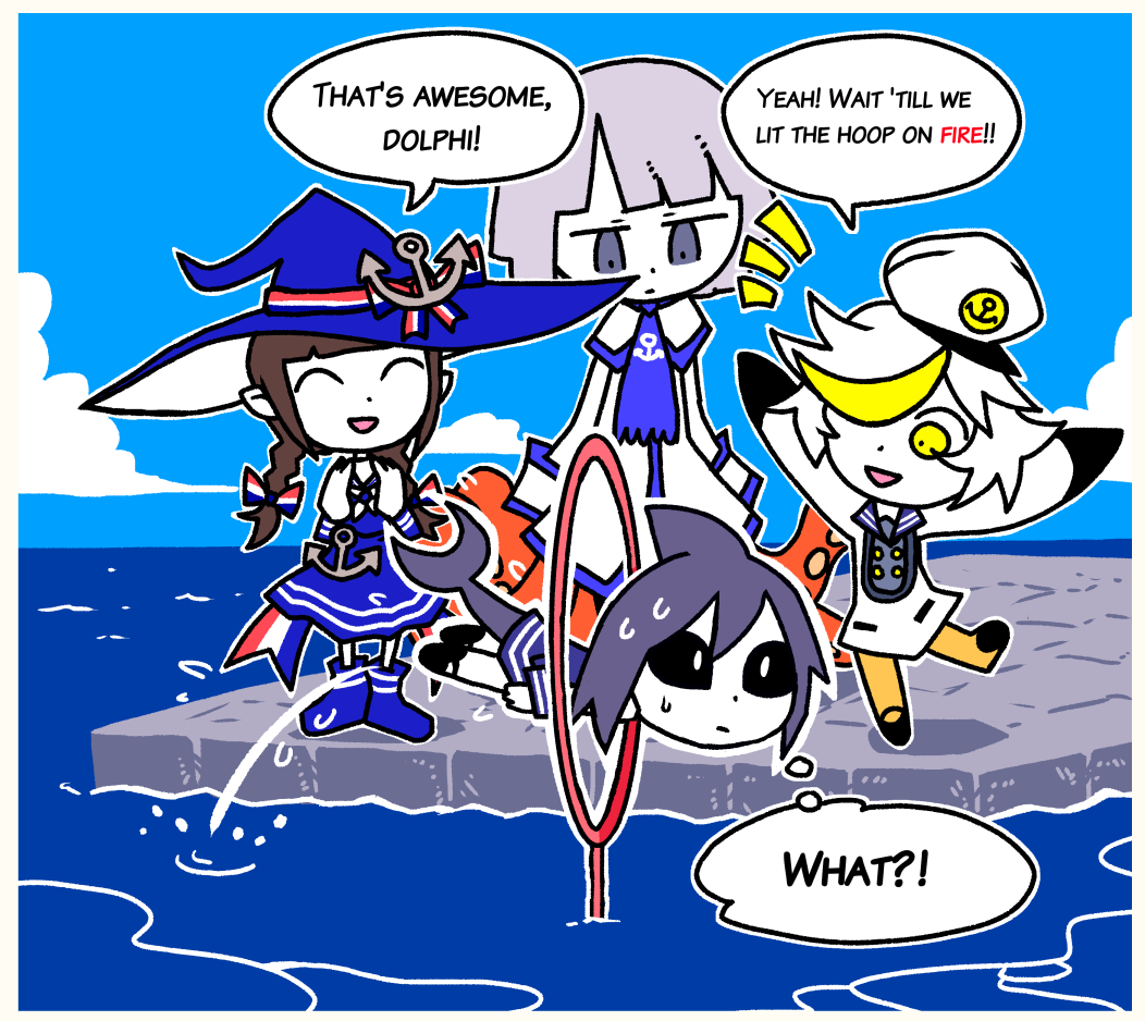 4girls, :d, black_sclera, blue_skirt, blue_sky, braid, brown_hair, character_request