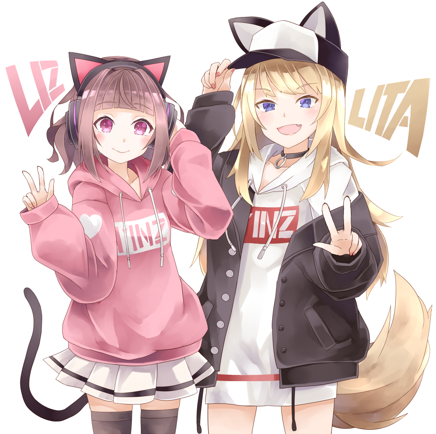 2girls, :d, baseball_cap, blonde_hair, blue_eyes, brown_hair, cat_ear_headphones, cat_tail