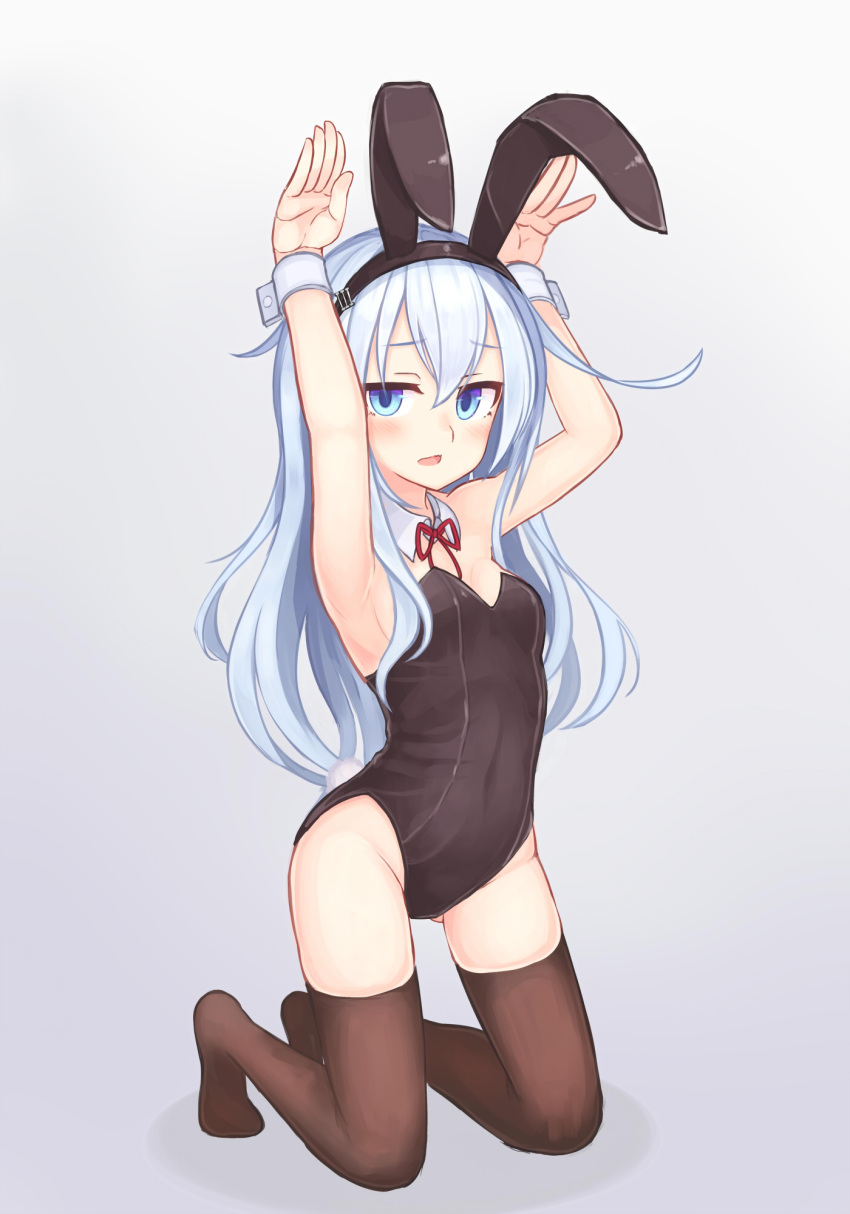 1girl, animal_ears, armpits, black_leotard, blue_eyes, brown_legwear, bunny_girl, bunny_pose