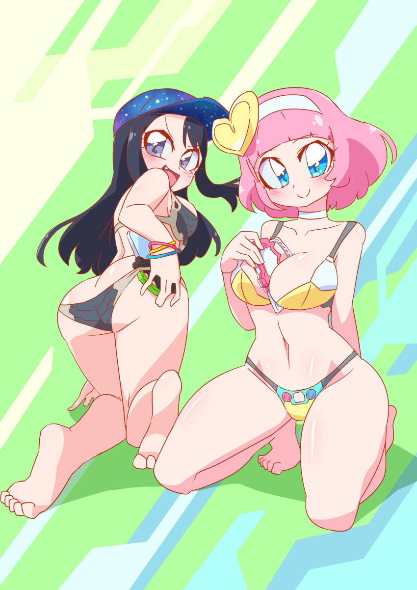 2girls, absurdres, adapted_costume, ass, baseball_cap, between_breasts, bikini, black_bikini