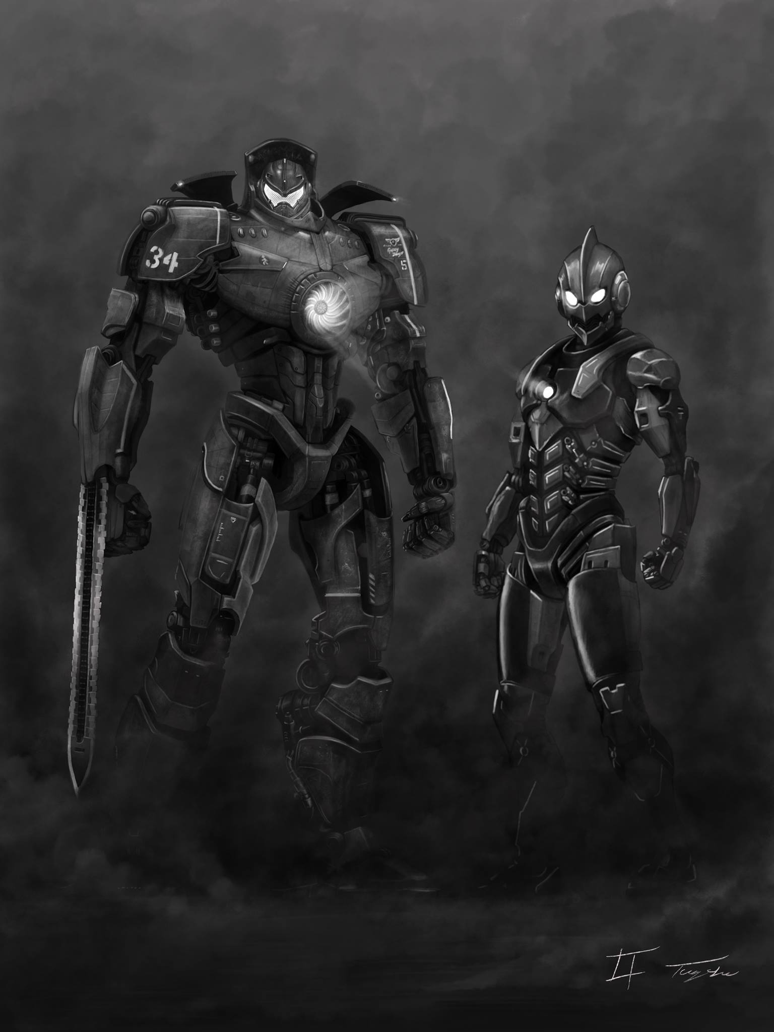 arm_blade, crossover, dark, eatalllot, formal, giant, gipsy_danger, glowing, greyscale, highres, mask, mecha, mechanical_arms, monochrome, no_humans, pacific_rim, science_fiction, size_difference, smoke, suit, super_robot, sword, ultra_series, ultraman, ultraman_(1st_series), visor, weapon