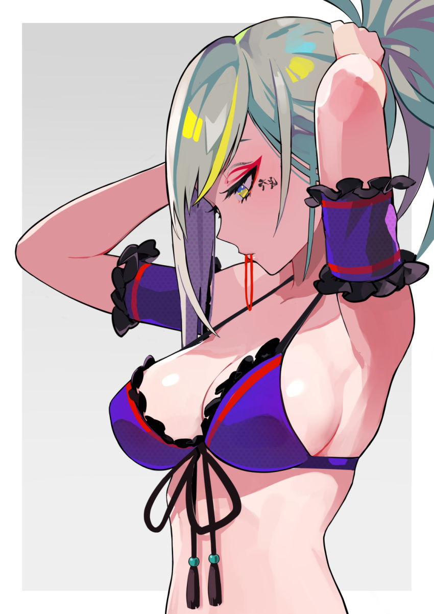 1girl, armpits, arms_up, bare_shoulders, bikini, blonde_hair, breasts, cleavage
