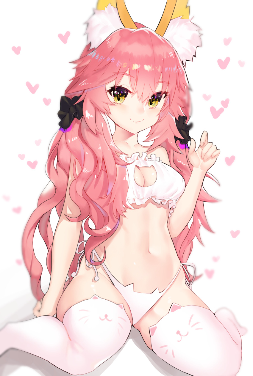 1girl, animal_ear_fluff, animal_ears, animal_print, between_legs, blush, bra, breasts, cat, cat_between_legs, cat_cutout, cat_ear_panties, cat_lingerie, cat_panties, cat_print, cleavage, cleavage_cutout, collarbone, eyebrows_visible_through_hair, fate/extra, fate/grand_order, fate_(series), fox_ears, fox_tail, frilled_bra, frills, full_body, heart, highres, large_breasts, light_smile, lingerie, long_hair, mangolingo_(mangoooo_74), meme_attire, navel, panties, pink_hair, print_panties, side-tie_panties, simple_background, sitting, solo, tail, tamamo_(fate)_(all), tamamo_no_mae_(fate), underwear, underwear_only, wariza, white_background, white_bra, yellow_eyes