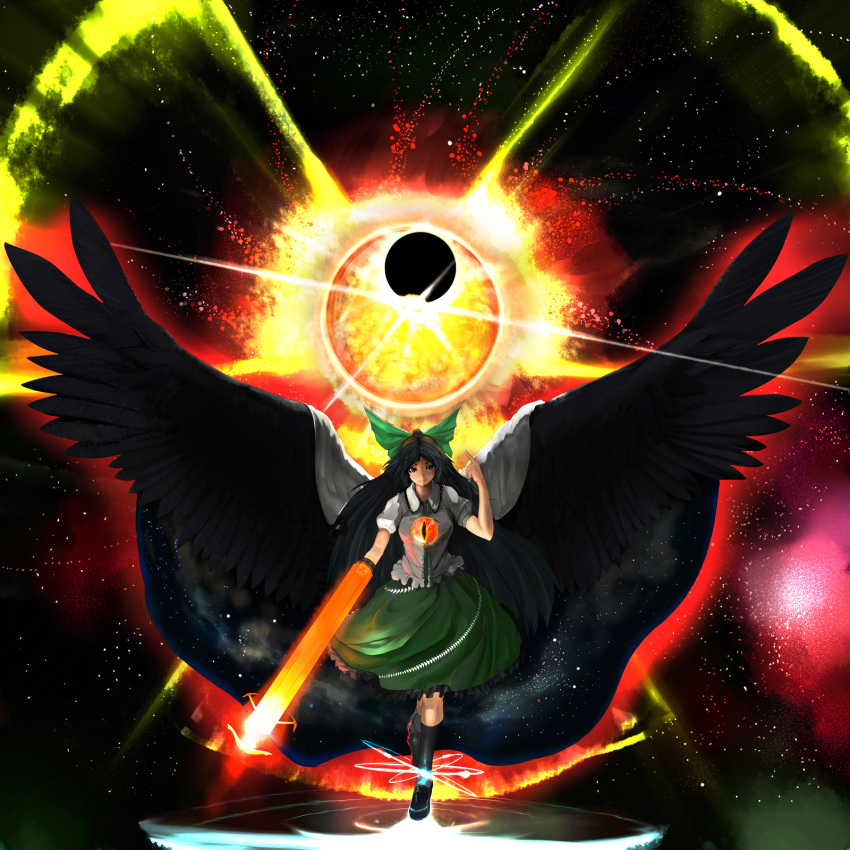 angel, arm_up, arugeri, black_hair, black_sun, black_wings, bow, cape, eclipse, female, fire, floating, galaxy, glowing, hair, hair_bow, highres, large_bow, large_wings, long, long_hair, looking_at_viewer, lunar_eclipse, moon, paint_splatter, pointing, radiation_symbol, red_eyes, reiuji_utsuho, ribbon, smirk, space, star_(sky), stars, sun, touhou, weapon, wings