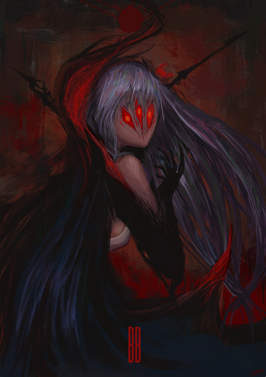 1girl, abstract, bb_(fate)_(all), bb_(swimsuit_mooncancer)_(fate), cape, character_name, extra_eyes, faceless
