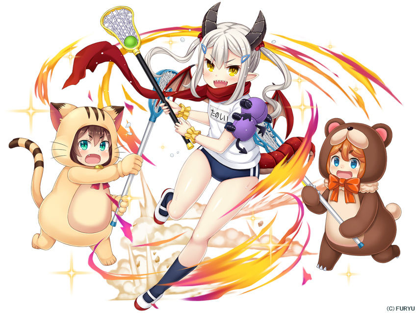 3girls, :d, animal_costume, ball, bangs, bear_costume, bell, black_buruma, black_legwear, blue_eyes, blush, bow, bowtie, brown_hair, buruma, cat_costume, clothes_writing, commentary_request, company_name, dragon_girl, dragon_horns, dragon_tail, dragon_wings, dust, eyebrows_visible_through_hair, fang, full_body, green_eyes, grey_hair, hair_between_eyes, hair_bow, hair_ornament, hairclip, holding, horns, jingle_bell, kinako_(monmusu_harem), kneehighs, lacrosse, lacrosse_stick, long_hair, looking_at_viewer, monmusu_harem, multiple_girls, namaru_(summer_dandy), official_art, open_mouth, orange_bow, orange_neckwear, parted_bangs, playing_sports, pointy_ears, red_bow, red_ribbon, red_scarf, red_wings, ribbon, scarf, scrunchie, sharp_teeth, shiny, shiny_hair, shiny_skin, short_eyebrows, short_sleeves, sidelocks, simple_background, slit_pupils, smile, sparkle, sport, stuffed_animal, stuffed_toy, sweat, tail, teeth, tsurime, v-shaped_eyebrows, white_background, white_footwear, wind, wings, wrist_scrunchie, yellow_eyes, yellow_scrunchie