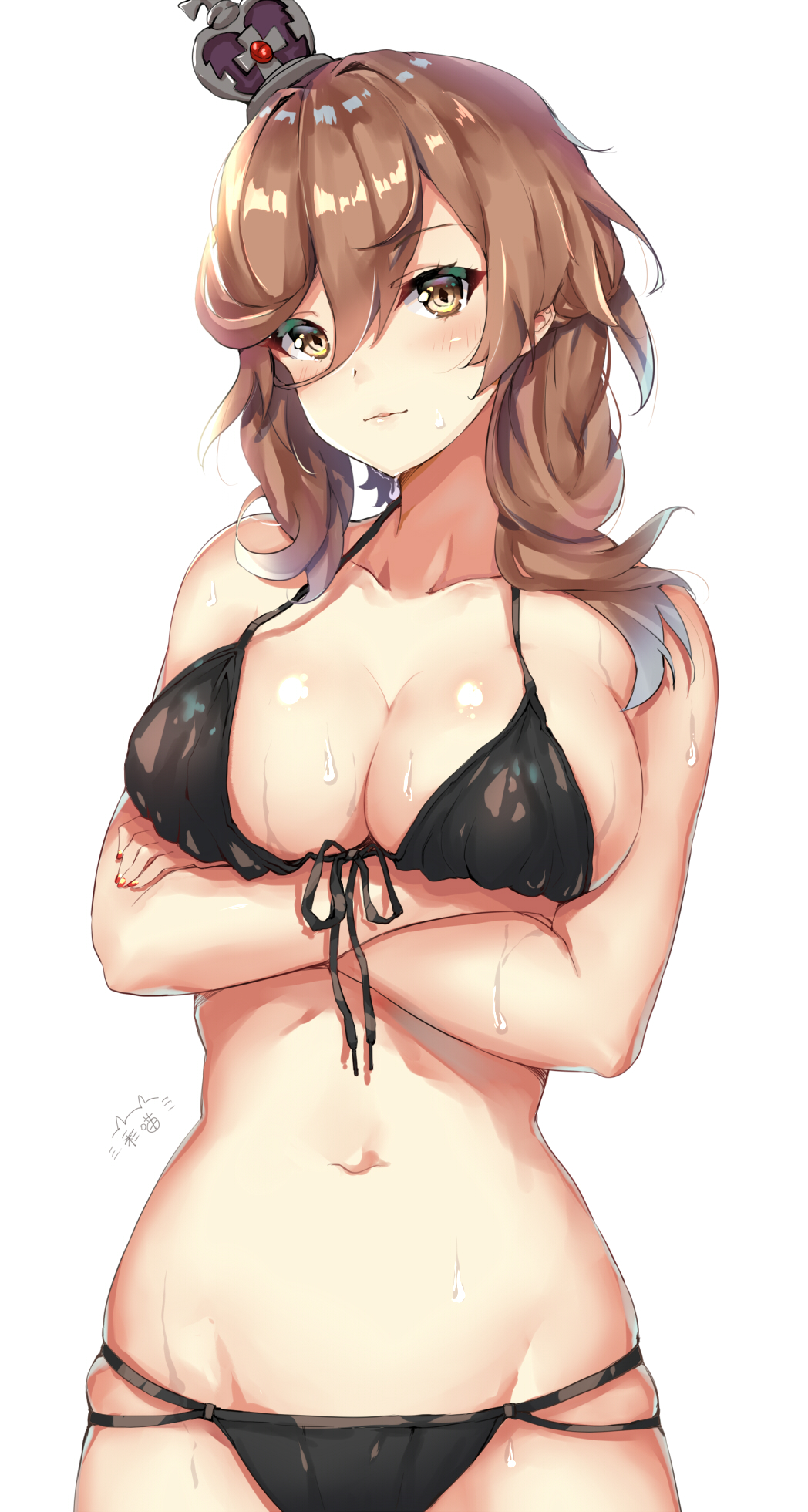 1girl, bare_arms, bare_shoulders, bikini, black_bikini, black_ribbon, blush, breast_hold