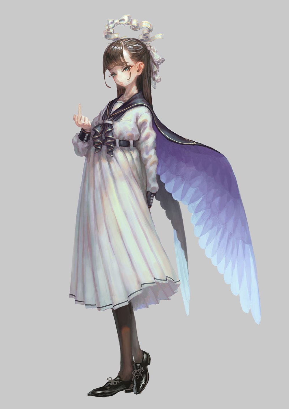 1girl, angel, bangs, black_footwear, black_neckwear, black_sailor_collar, blue_eyes, blunt_bangs