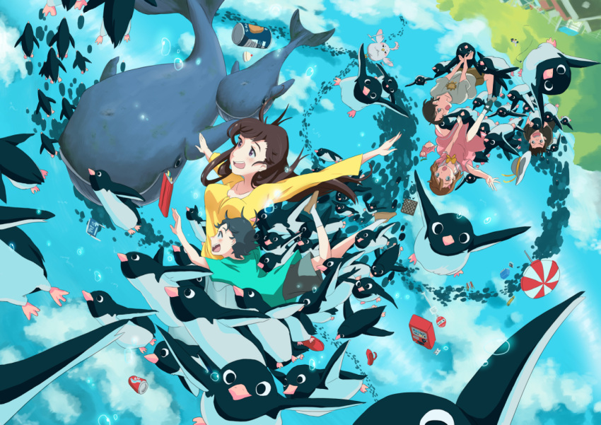 2girls, 3boys, :o, aoyama-kun_(penguin_highway), banana, bird, blue_sky, book
