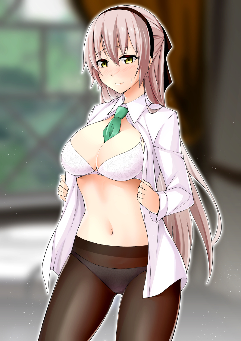 1girl, ao_no_kiseki, ascot, between_breasts, black_legwear, blurry, blurry_background, blush