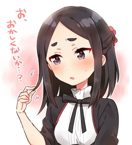 1girl, black_hair, black_jacket, blue_eyes, blush, fingernails, flying_sweatdrops, half_updo