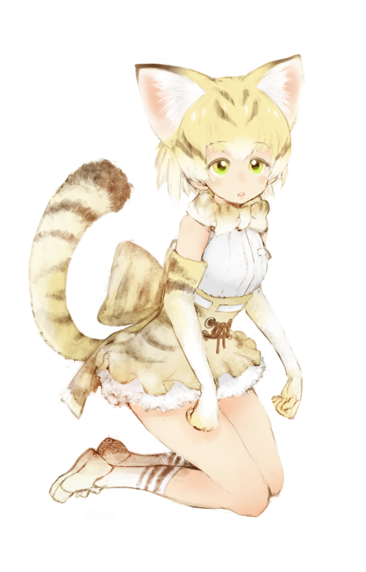 1girl, animal_ears, back_bow, blonde_hair, bow, bowtie, cat_ears, cat_tail, elbow_gloves, extra_ears, eyebrows_visible_through_hair, from_side, full_body, gloves, green_eyes, high-waist_skirt, ise_(0425), kemono_friends, kneeling, looking_at_viewer, parted_lips, print_bow, print_gloves, print_neckwear, print_skirt, sand_cat_(kemono_friends), sand_cat_print, shirt, short_hair, simple_background, skirt, sleeveless, sleeveless_shirt, solo, tail, white_background, white_shirt