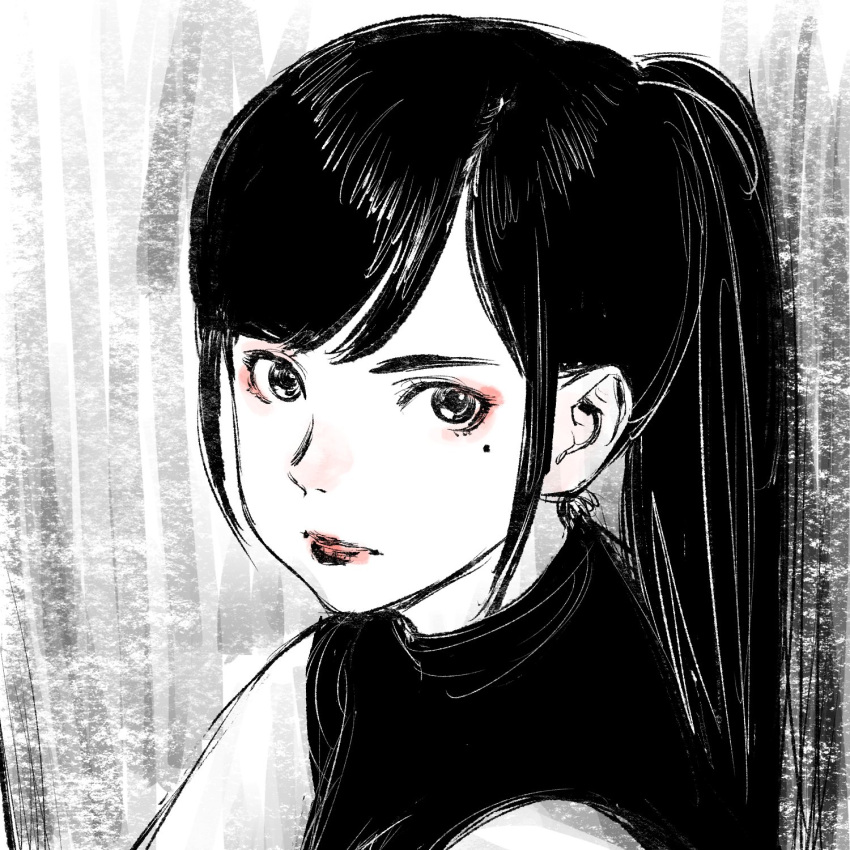 1girl, bangs, closed_mouth, eyeshadow, grey_background, highres, limited_palette, lipstick, long_hair, looking_at_viewer, makeup, mole, mole_under_eye, nazoani_museum, original, ponytail, solo, swept_bangs, upper_body