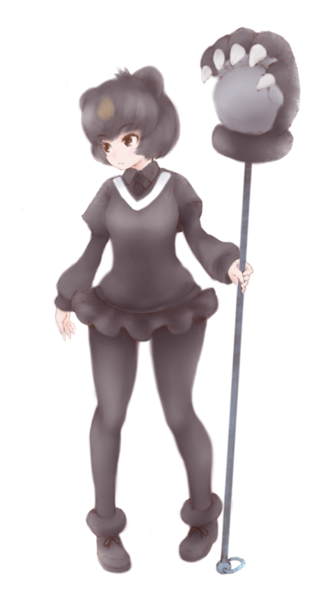 1girl, animal_ears, bear_ears, bear_paw_hammer, black_footwear, black_hair, black_legwear, black_neckwear