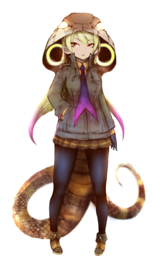 1girl, black_legwear, blonde_hair, drawstring, eyebrows_visible_through_hair, full_body, gloves, gradient_hair