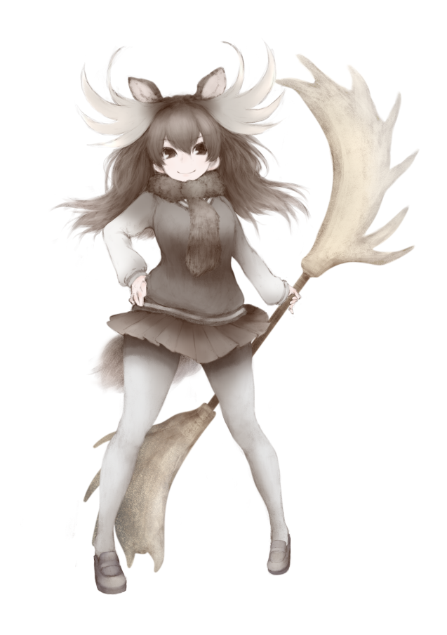 1girl, animal_ears, antlers, black_eyes, black_skirt, extra_ears, full_body, hair_between_eyes