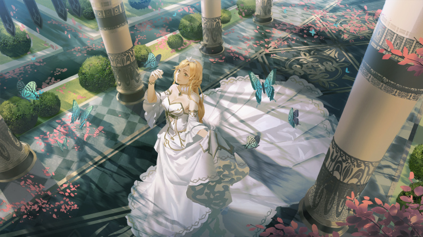 1girl, angelia, blonde_hair, blue_eyes, blush, breasts, bug, butterfly