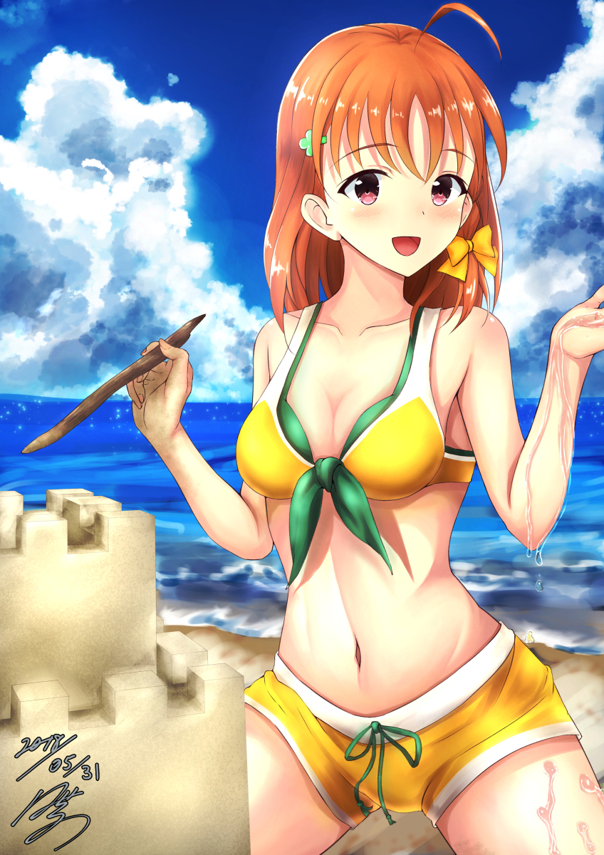 1girl, :d, ahoge, akne19194869, beach, belly_button, bikini, braids
