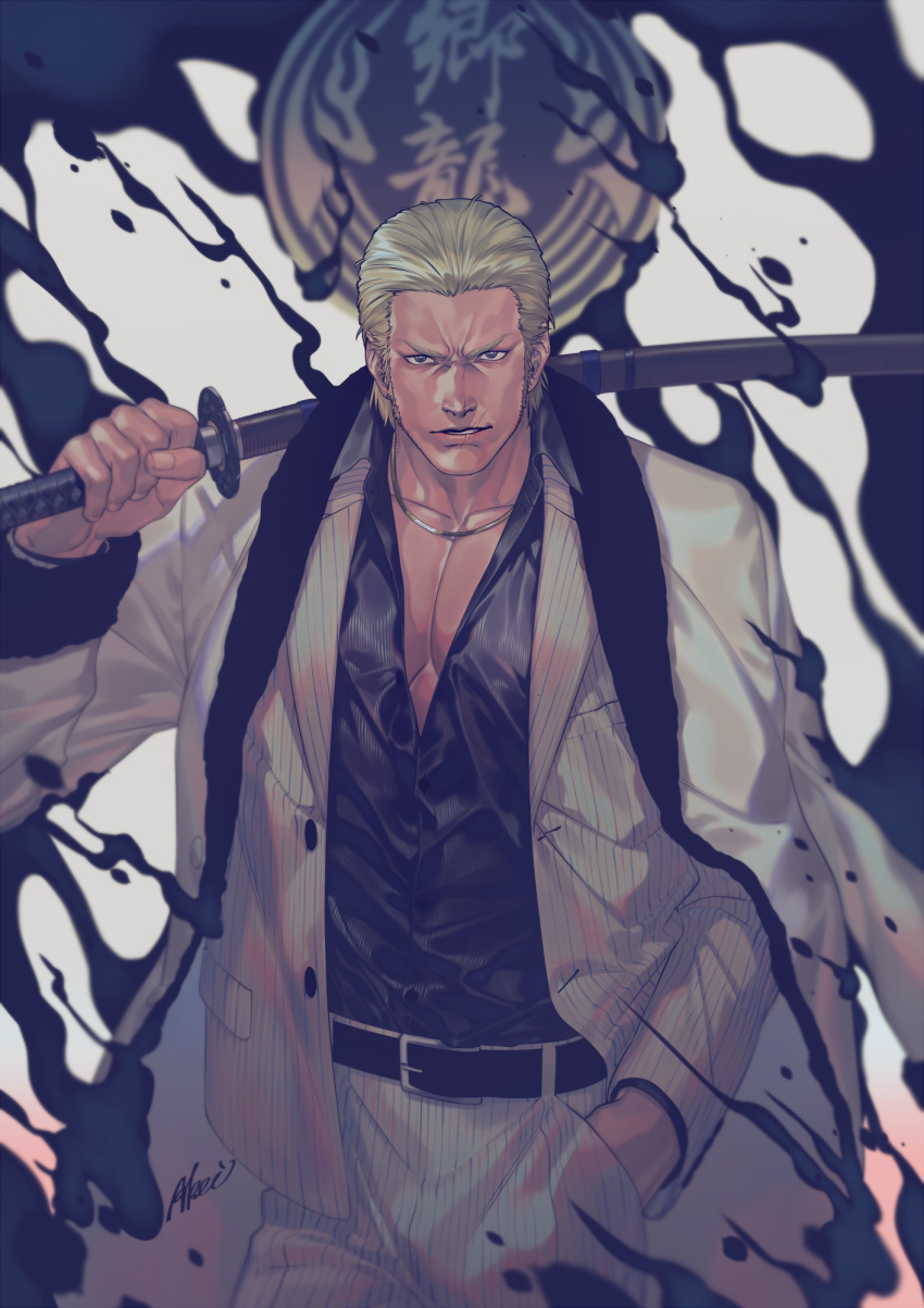 1boy, blonde_hair, coat, formal, fur-trimmed_coat, fur_trim, gouda_ryuuji, hand_in_pocket