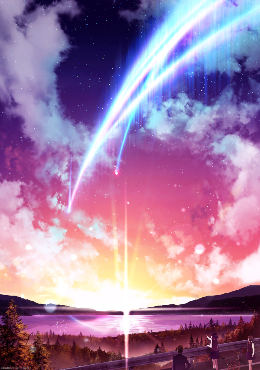 1boy, 2girls, braid, brown_hair, clouds, highres, kimi_no_na_wa, looking_away, multiple_girls, outdoors, pointing, scenery, short_braid, short_hair, sky, star_(sky), starry_sky, sunset, tree, twin_braids, yomochi_(y0m0chi)