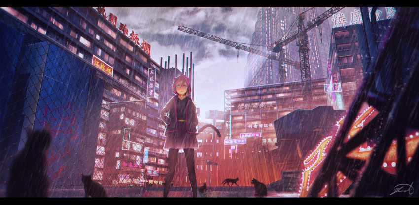 1girl, absurdres, animal_ears, black_legwear, black_skirt, cat_ears, cat_tail, chromatic_aberration