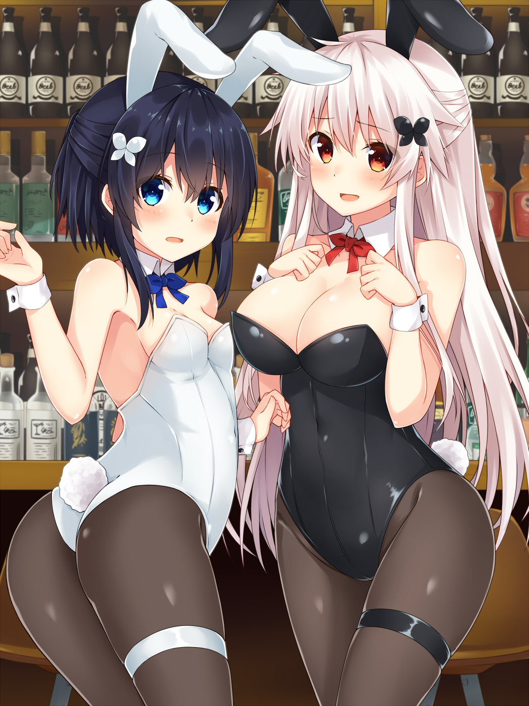 2girls, :d, alcohol, animal_ears, ass, bangs, bare_shoulders, black_hair
