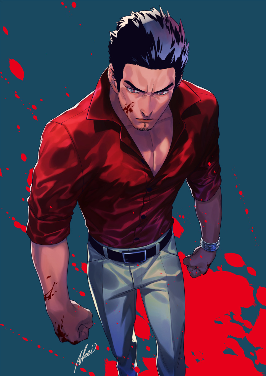 1boy, black_hair, blood, bloody_hands, from_above, highres, iroha_(akei0710), kiryuu_kazuma