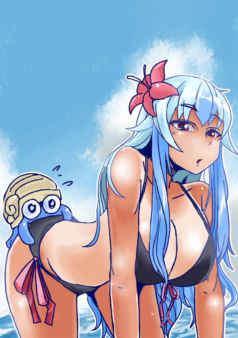 1girl, all_fours, bangs, bikini, black_bikini, blue_hair, breasts, cleavage