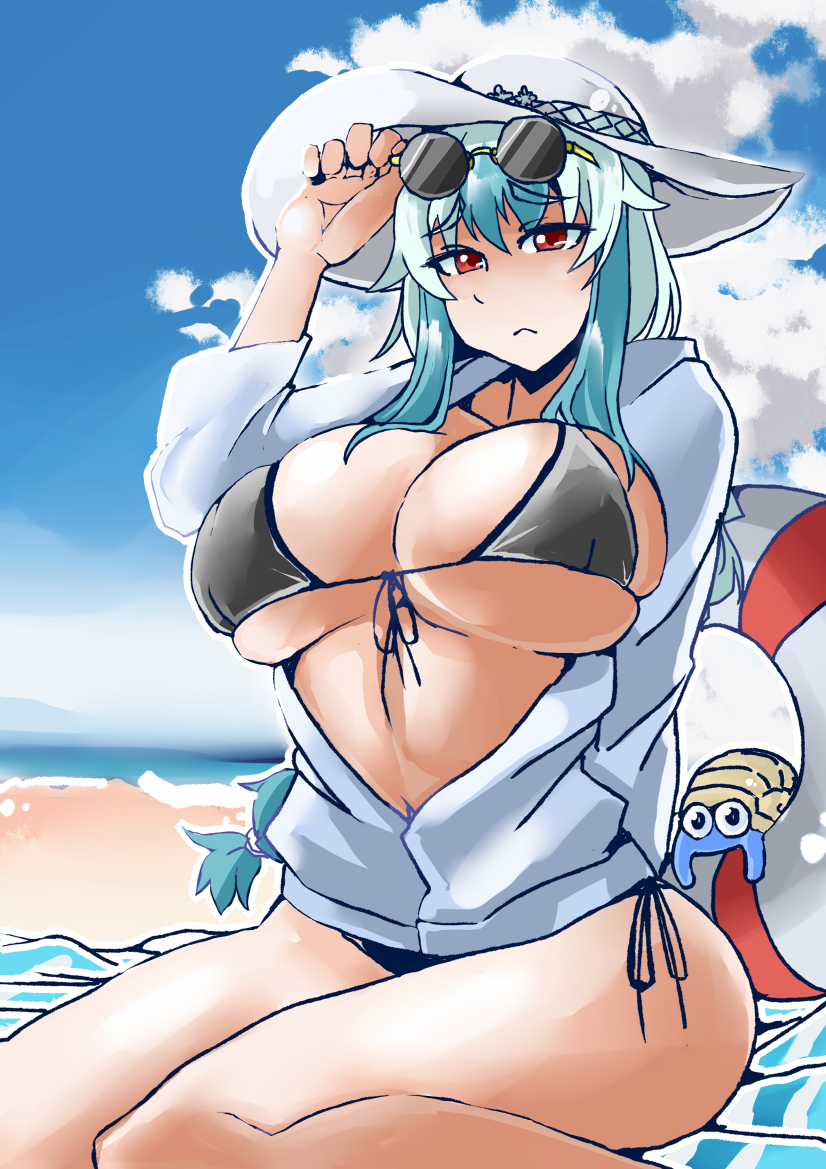 1girl, :<, bangs, beach, beach_towel, bikini, bikini_under_clothes, black_bikini, blue_hair, breasts, cleavage, clouds, creatures_(company), curvy, day, eyebrows_visible_through_hair, eyewear_on_head, from_below, front-tie_bikini, front-tie_top, game_freak, gen_1_pokemon, hat, heiseikorotaisei, huge_breasts, kamishirasawa_keine, lifebuoy, long_hair, looking_at_viewer, nintendo, ocean, omanyte, open_clothes, open_shirt, outdoors, pokemon, pokemon_(creature), ponytail, red_eyes, sand, shell, side-tie_bikini, sideboob, sitting, sky, sun_hat, sunglasses, sunglasses_on_head, swimsuit, thighs, touhou, towel, under_boob, wariza
