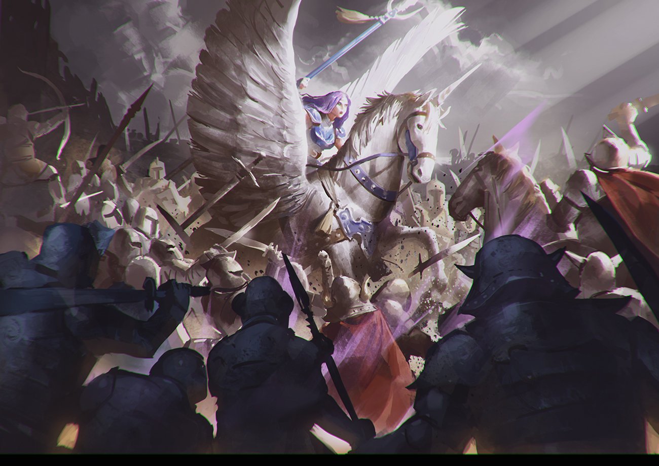 1girl, armor, army, battle, bow_(weapon), cape, clouds, cloudy_sky, epic, fire_emblem, fire_emblem:_rekka_no_ken, florina, helmet, holding, holding_weapon, horn, horned_helmet, horse, illustman_(u_ip8s), long_hair, open_mouth, pegasus, pegasus_knight, polearm, purple_hair, riding, sky, solo_focus, spear, sunlight, sword, war, weapon