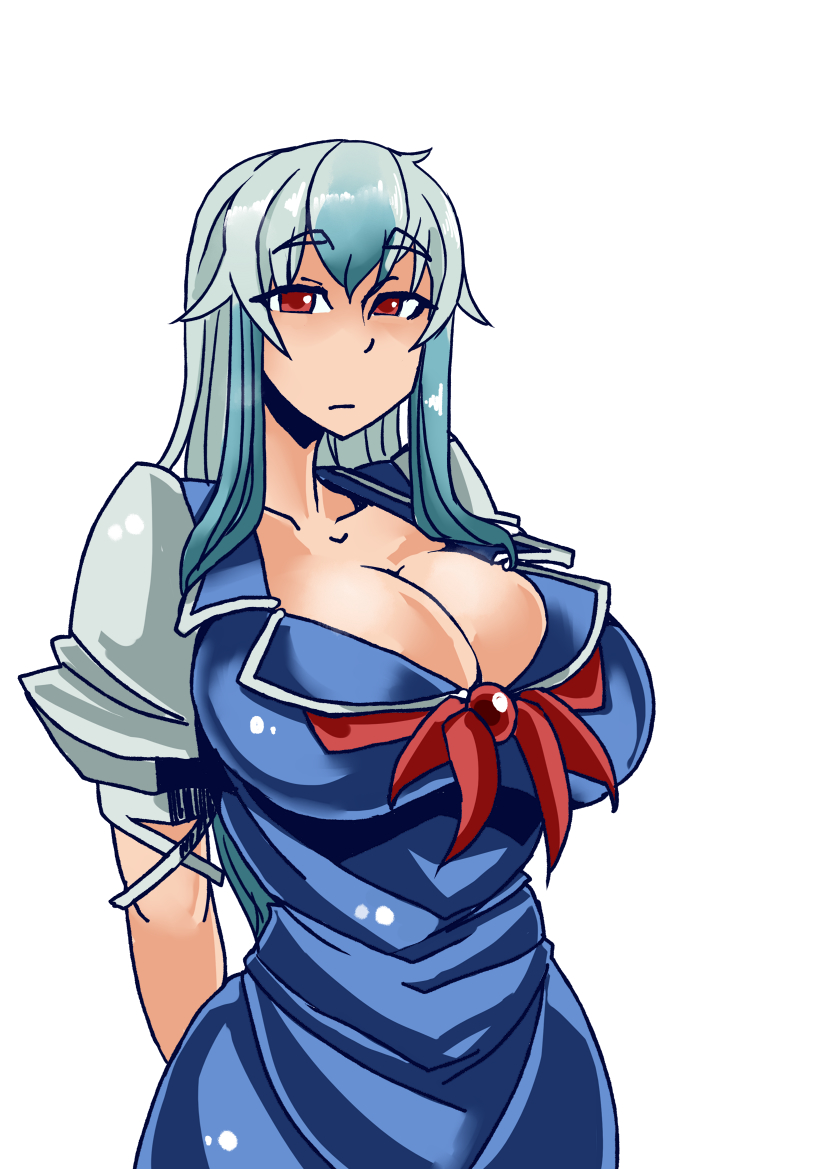 1girl, arms_behind_back, bangs, blue_hair, breasts, cleavage, collarbone, cowboy_shot