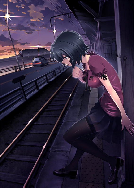 black_legwear, black_pantyhose, burner600, car, dusk, enoshima, erect_nipples, jewelry, leaning_forward, motor_vehicle, original, pantyhose, pendant, profile, real_world_location, short_hair, skirt, solo, standing, train_station, vania600, vehicle