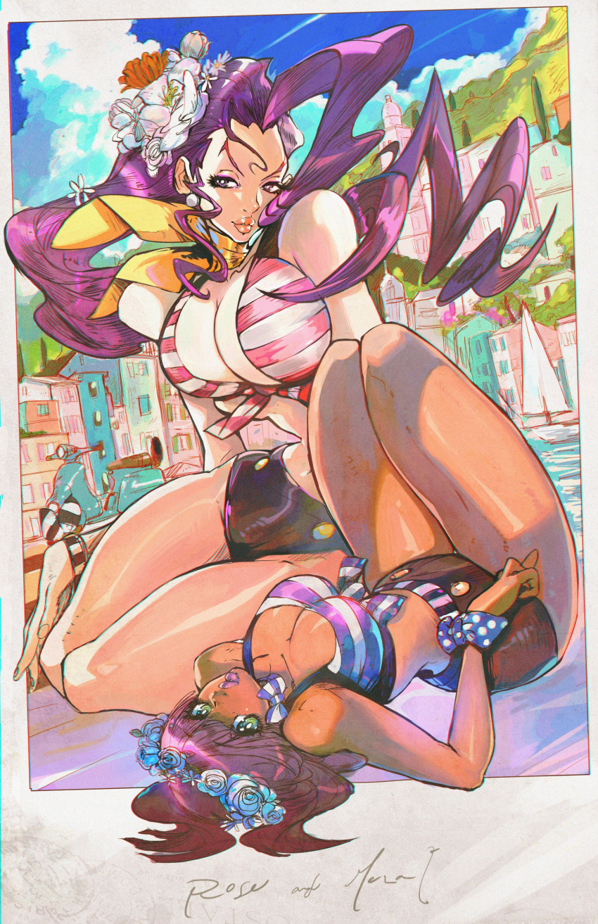 2girls, absurdres, andres_blanco, bikini, bikini_top, blue_sky, boat, breasts, character_name, city, clouds, dark_skin, flower, flower_wreath, green_eyes, ground_vehicle, hair_flower, hair_ornament, highres, large_breasts, legs_up, looking_at_viewer, lying, menat, moped, motor_vehicle, multiple_girls, navel, on_back, purple_hair, rose_(street_fighter), scrunchie, short_hair, short_shorts, shorts, sky, smile, stomach, street_fighter, street_fighter_v, street_fighter_zero_(series), striped, striped_bikini, striped_bikini_top, swimsuit, violet_eyes, water, watercraft, wrist_scrunchie