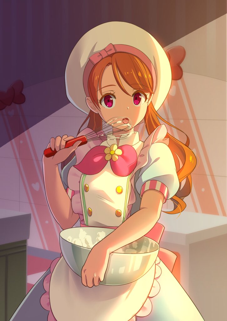 1girl, brown_hair, camembert_chizuko, dutch_angle, hat, indoors, kirakira_patisserie_uniform, kirakira_precure_a_la_mode