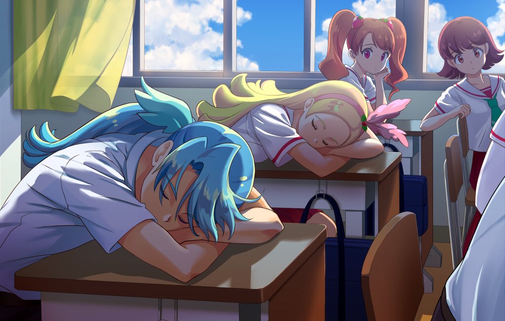 1boy, 3girls, blonde_hair, blue_hair, blue_sky, brother_and_sister, brown_hair, camembert_chizuko