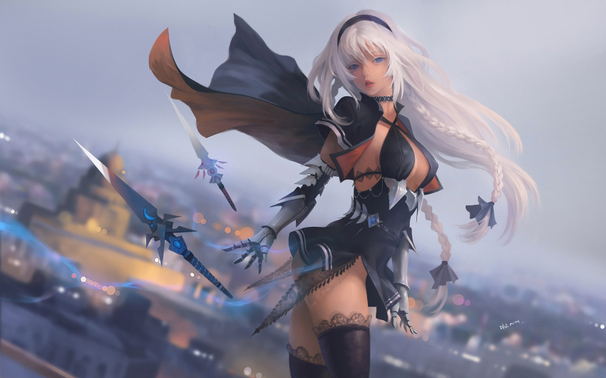 1girl, aura, bangs, black_dress, black_hair, blue_eyes, blue_ribbon, braid